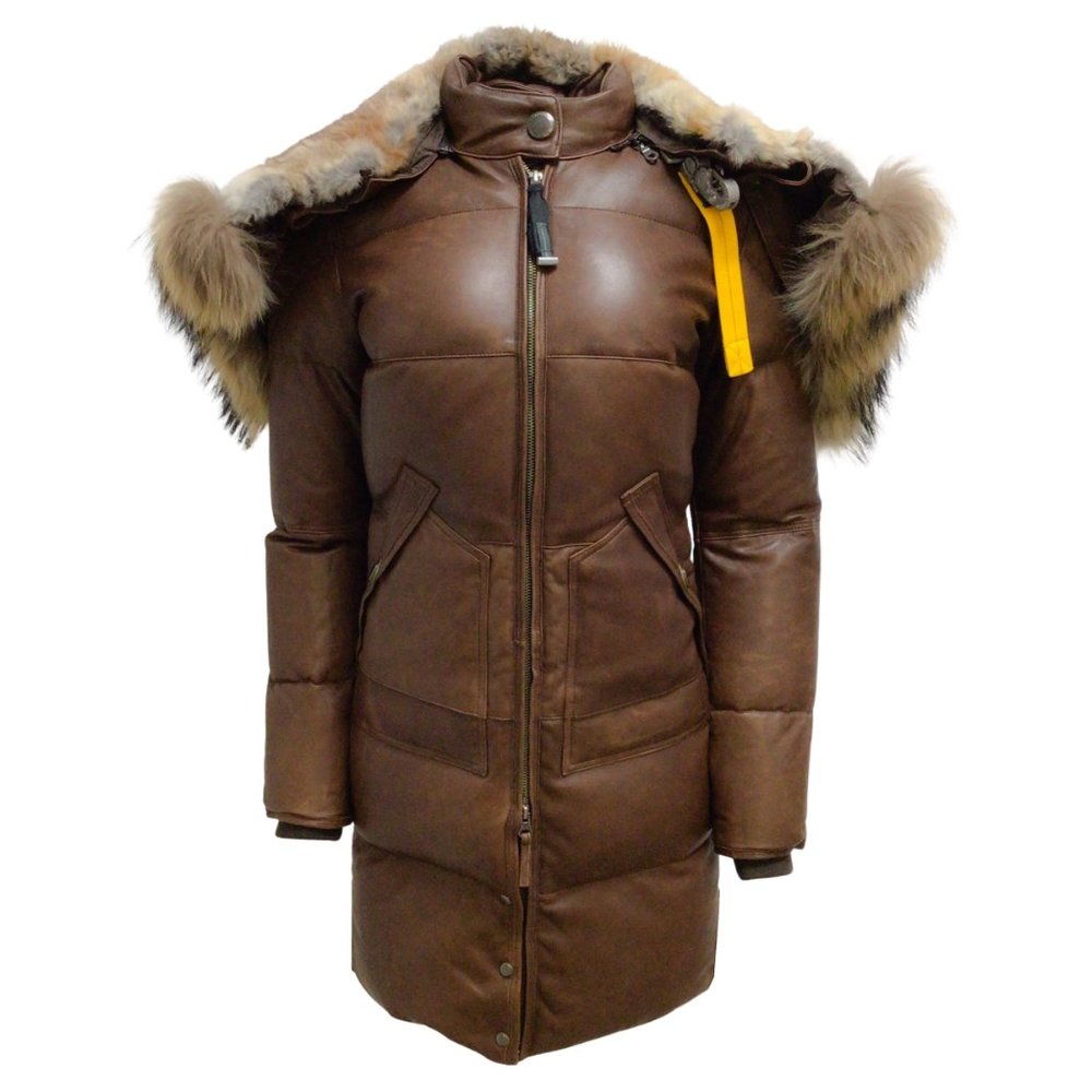Parajumpers Brown Fur Lined Hood Full Zip Down Puffer Distressed Leather Coat